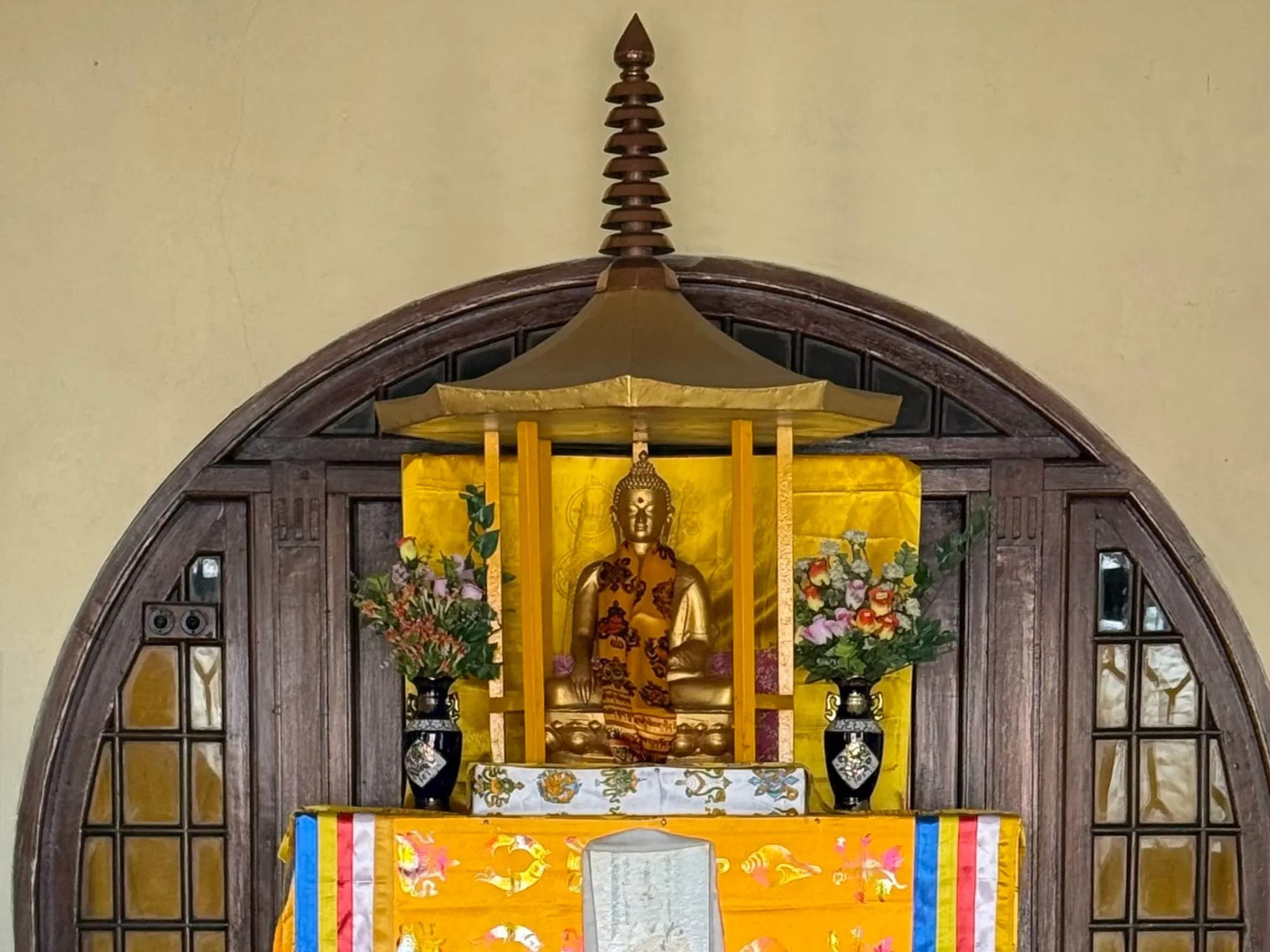 Inside a quiet Buddhist prayer space near Darjeeling