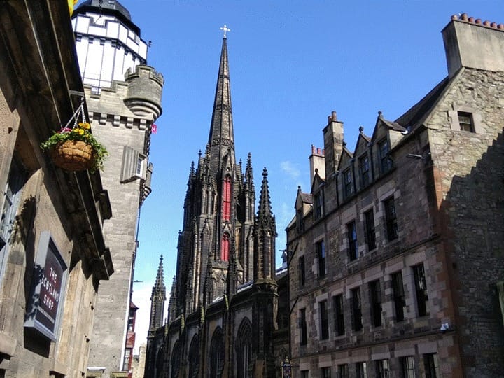 Title: Edinburgh Royal Mile with The Hub spire - Description: Edinburgh Royal Mile with The Hub spire