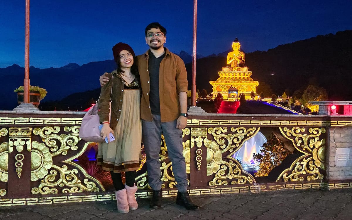 Amey and his wife at Buddha Park of Ravangla